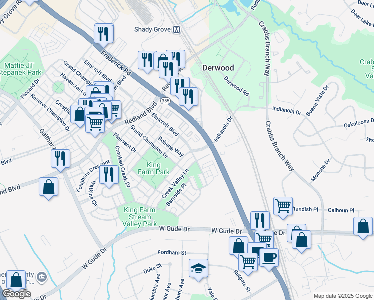 map of restaurants, bars, coffee shops, grocery stores, and more near 203 Watkins Pond Boulevard in Rockville