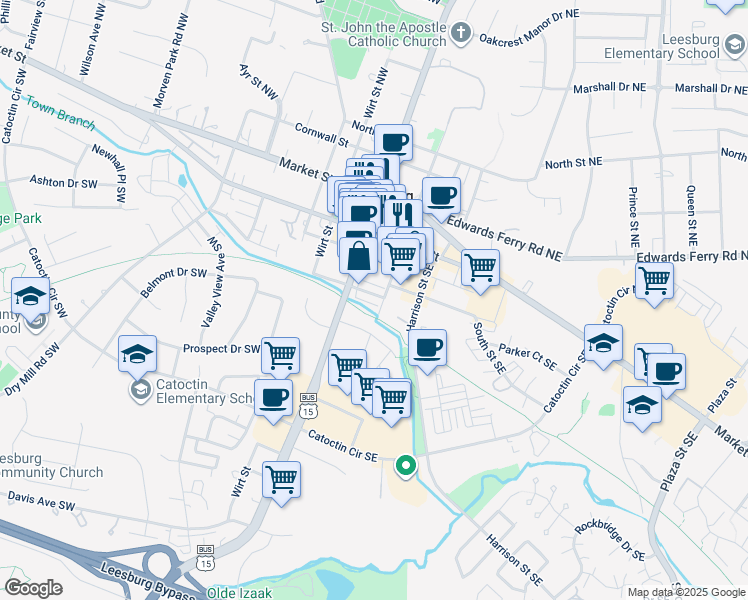 map of restaurants, bars, coffee shops, grocery stores, and more near 5 Stationmaster Street Southeast in Leesburg