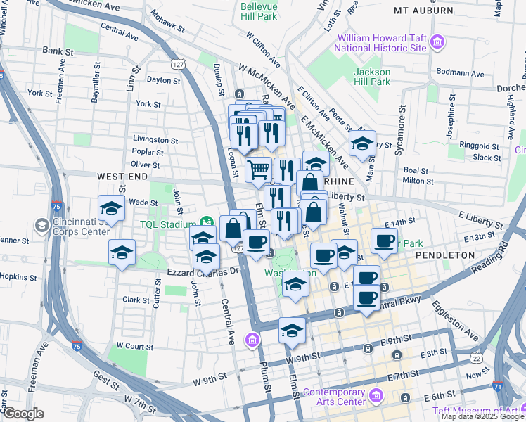 map of restaurants, bars, coffee shops, grocery stores, and more near 1526 Elm Street in Cincinnati