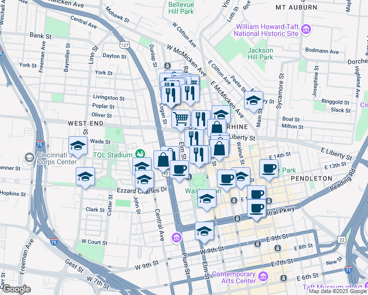 map of restaurants, bars, coffee shops, grocery stores, and more near 1526 Elm Street in Cincinnati