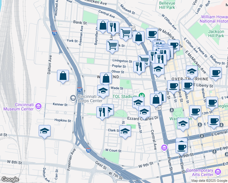 map of restaurants, bars, coffee shops, grocery stores, and more near 738 David Street in Cincinnati
