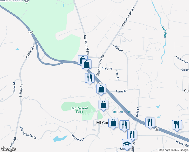 map of restaurants, bars, coffee shops, grocery stores, and more near 445 Craig Road in Cincinnati