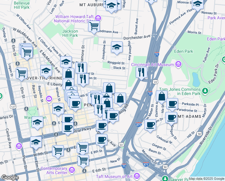 map of restaurants, bars, coffee shops, grocery stores, and more near 530 Liberty Hill in Cincinnati