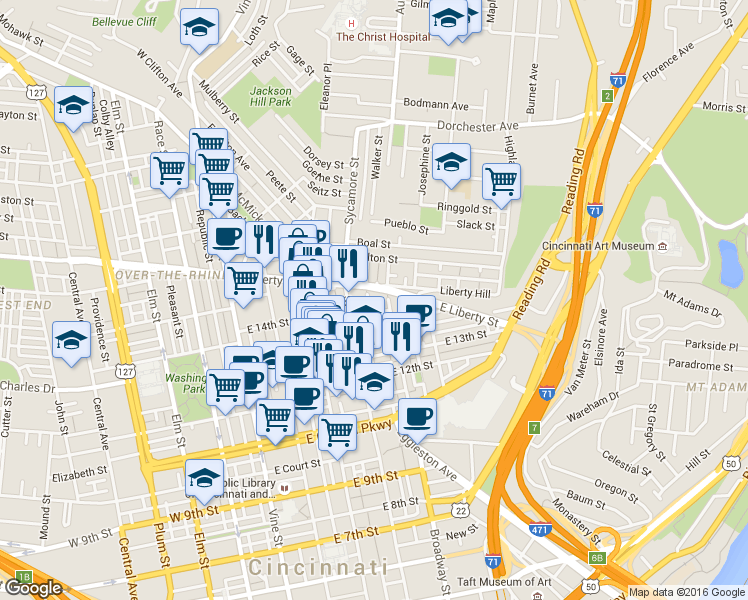 map of restaurants, bars, coffee shops, grocery stores, and more near in Cincinnati