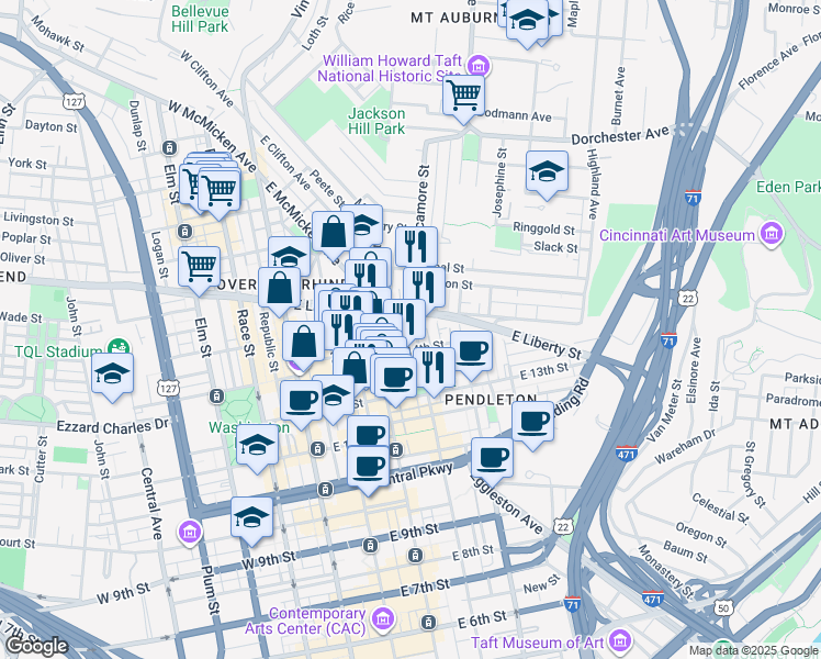 map of restaurants, bars, coffee shops, grocery stores, and more near in Cincinnati