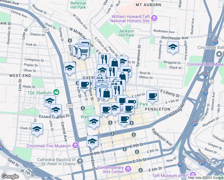 map of restaurants, bars, coffee shops, grocery stores, and more near 1447 Walnut Street in Cincinnati