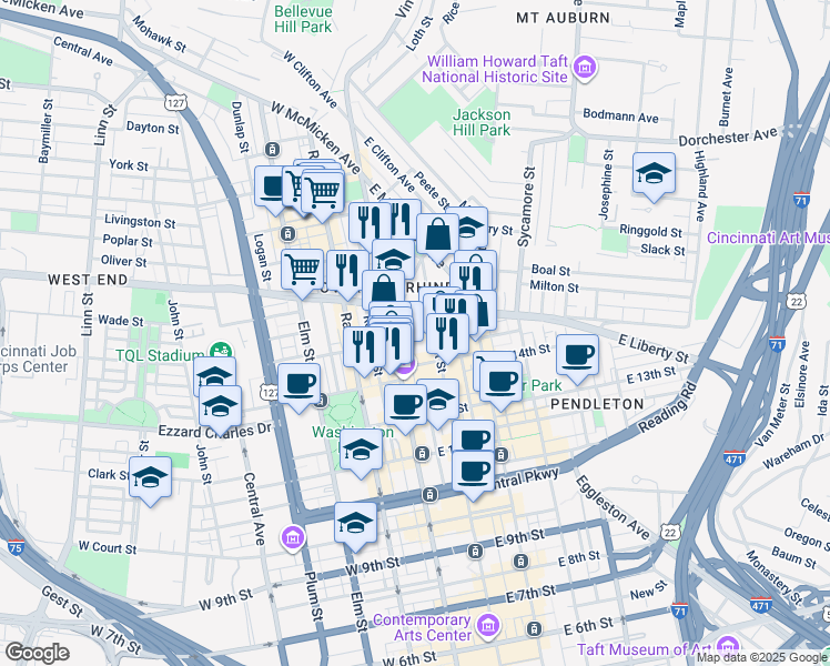 map of restaurants, bars, coffee shops, grocery stores, and more near 1447 Walnut Street in Cincinnati