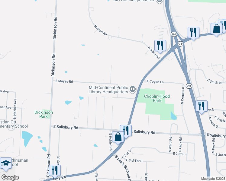 map of restaurants, bars, coffee shops, grocery stores, and more near 15301 East Mayes Road in Independence