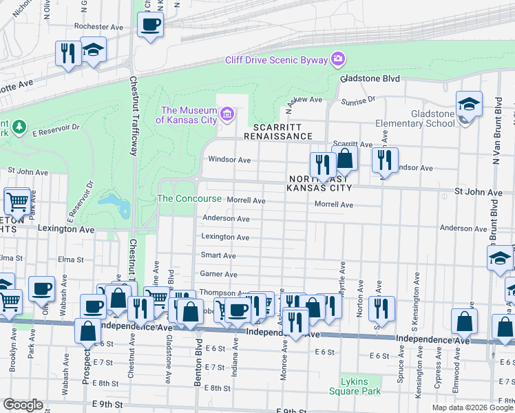 map of restaurants, bars, coffee shops, grocery stores, and more near 3430 Morrell Avenue in Kansas City
