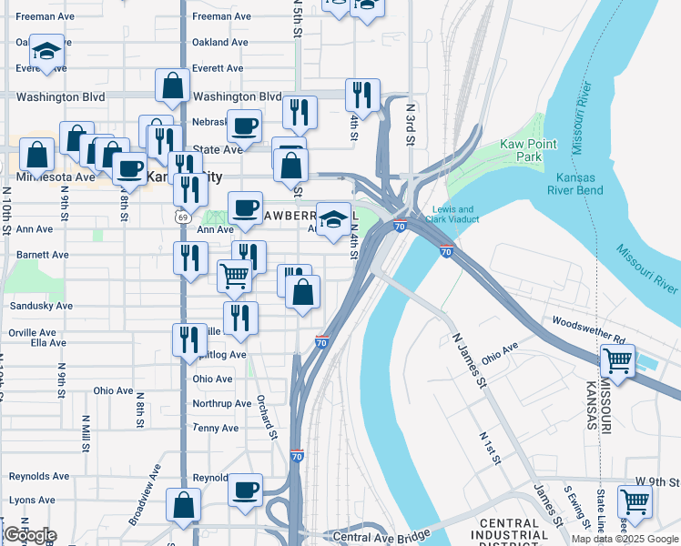 map of restaurants, bars, coffee shops, grocery stores, and more near 535 North Thompson Street in Kansas City