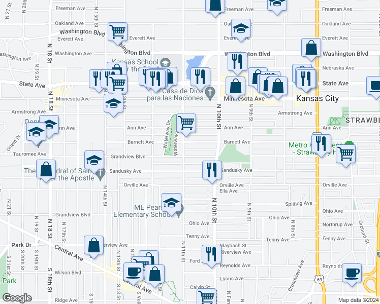map of restaurants, bars, coffee shops, grocery stores, and more near 615 North 11th Street in Kansas City