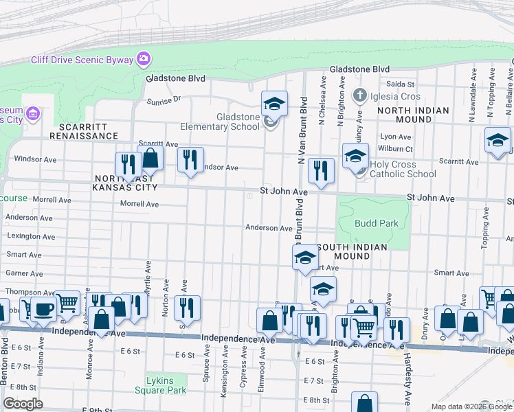 map of restaurants, bars, coffee shops, grocery stores, and more near 4505 Saint John Avenue in Kansas City