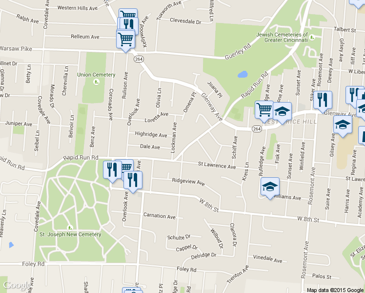 map of restaurants, bars, coffee shops, grocery stores, and more near 4690 Rapid Run Road in Cincinnati