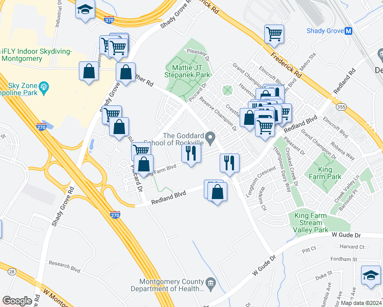 map of restaurants, bars, coffee shops, grocery stores, and more near 701 King Farm Boulevard in Rockville