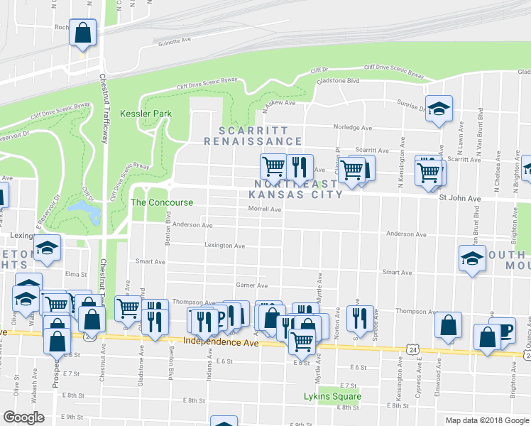 map of restaurants, bars, coffee shops, grocery stores, and more near 203 Askew Avenue in Kansas City