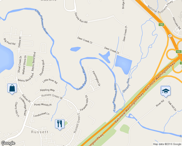 map of restaurants, bars, coffee shops, grocery stores, and more near 3261 Nile Lane in Laurel