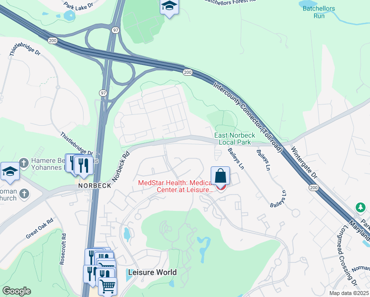 map of restaurants, bars, coffee shops, grocery stores, and more near 3410 Norbeck Road in Silver Spring