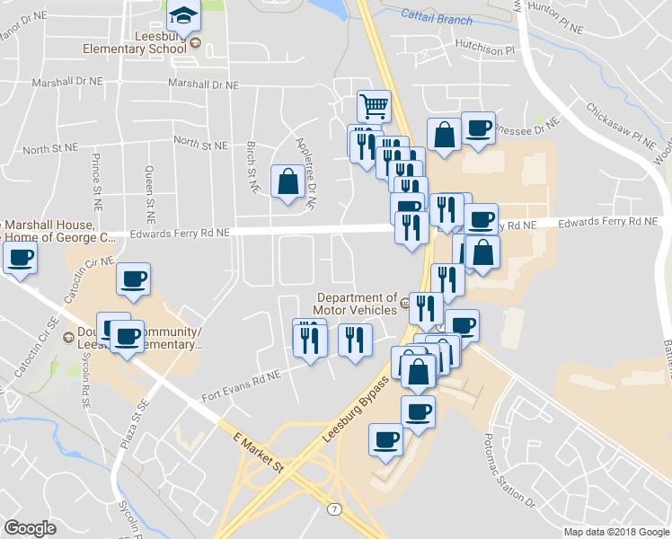 map of restaurants, bars, coffee shops, grocery stores, and more near 112 Adams Drive Northeast in Leesburg