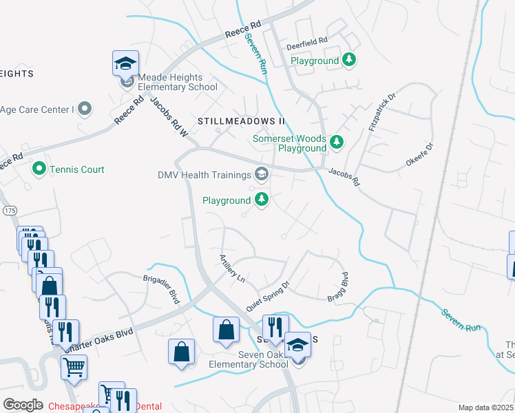 map of restaurants, bars, coffee shops, grocery stores, and more near 1843 Eagle Court in Severn