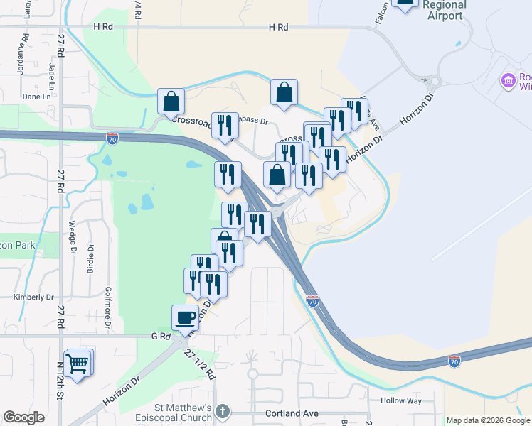 map of restaurants, bars, coffee shops, grocery stores, and more near Interstate 70 in Grand Junction