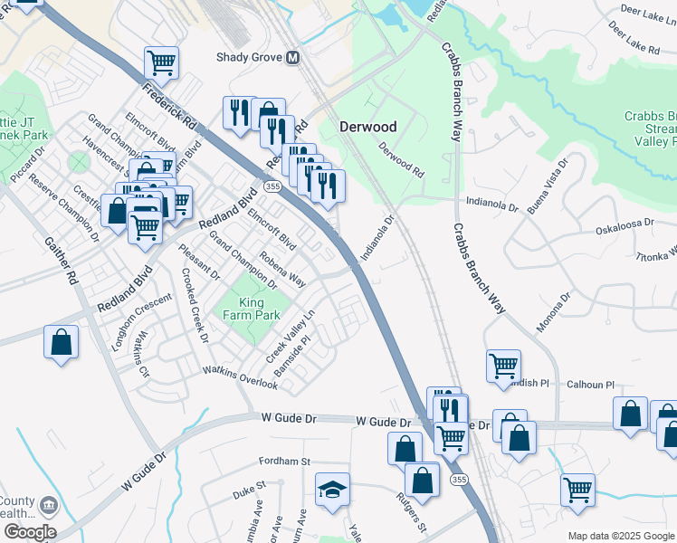 map of restaurants, bars, coffee shops, grocery stores, and more near 111 Watkins Pond Boulevard in Rockville