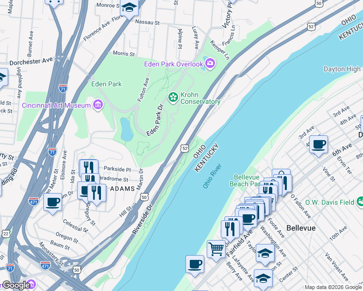 map of restaurants, bars, coffee shops, grocery stores, and more near 1448 Riverside Drive in Cincinnati