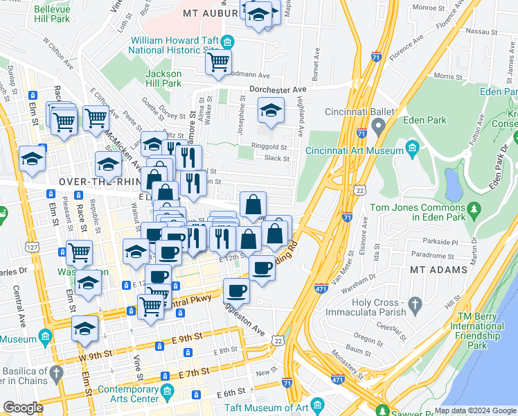 map of restaurants, bars, coffee shops, grocery stores, and more near 446 Liberty Hill in Cincinnati