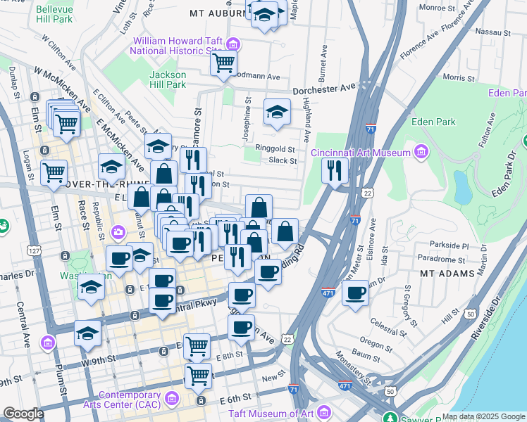 map of restaurants, bars, coffee shops, grocery stores, and more near 446 Liberty Hill in Cincinnati
