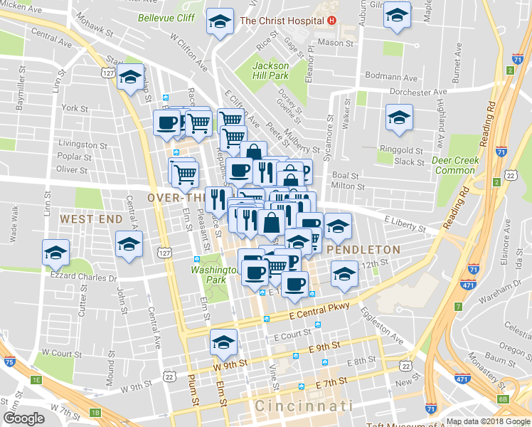 map of restaurants, bars, coffee shops, grocery stores, and more near 1447 Walnut Street in Cincinnati