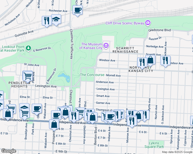 map of restaurants, bars, coffee shops, grocery stores, and more near 3216 Morrell Avenue in Kansas City