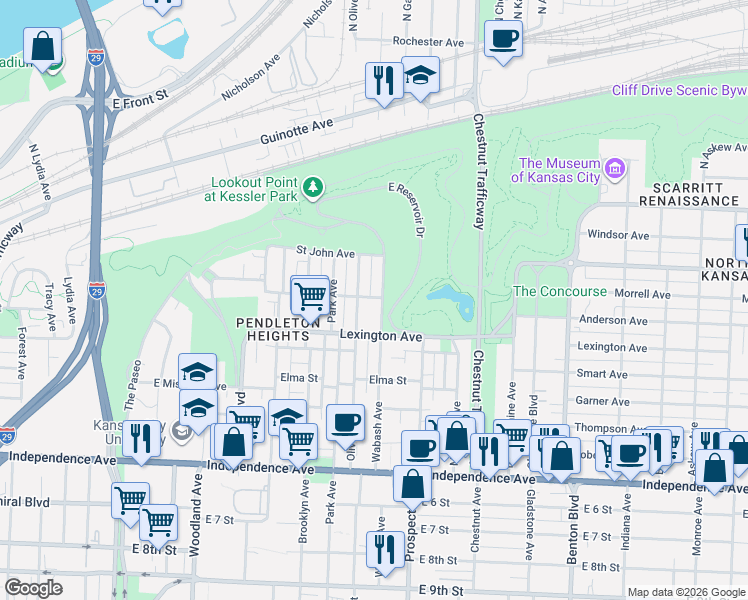 map of restaurants, bars, coffee shops, grocery stores, and more near 126 Wabash Avenue in Kansas City