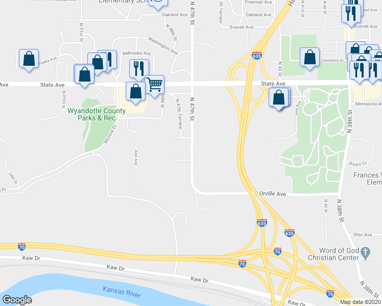 map of restaurants, bars, coffee shops, grocery stores, and more near 701-781 North 47th Street in Kansas City