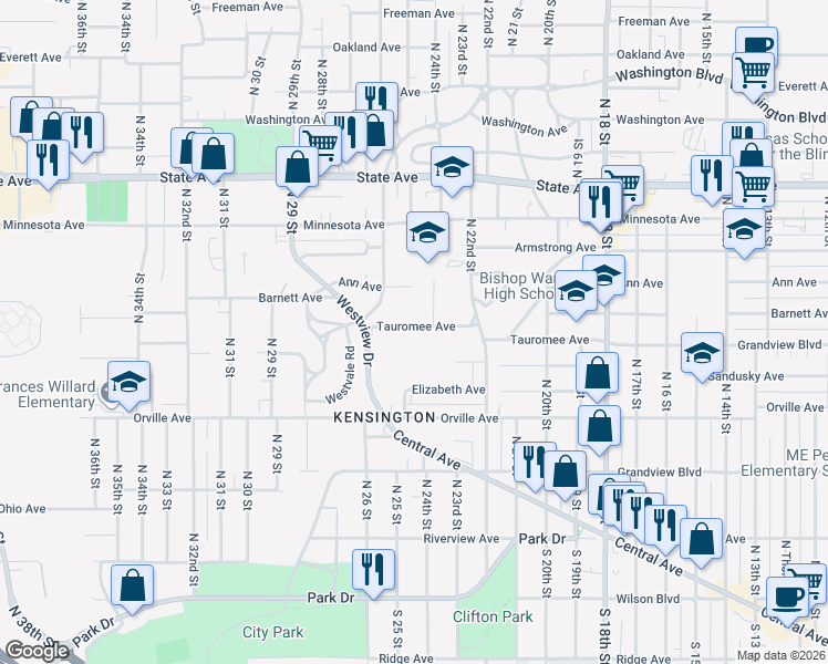 map of restaurants, bars, coffee shops, grocery stores, and more near 2311 Tauromee Avenue in Kansas City