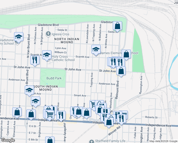 map of restaurants, bars, coffee shops, grocery stores, and more near 5711 Saint John Avenue in Kansas City