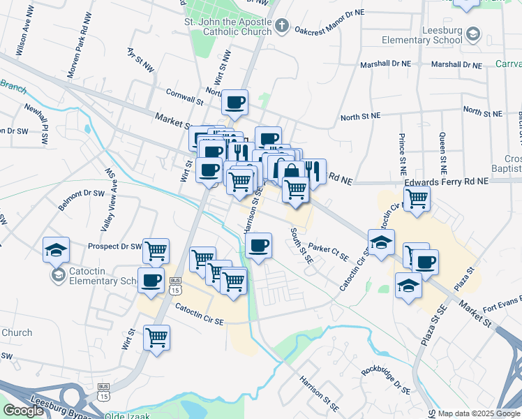 map of restaurants, bars, coffee shops, grocery stores, and more near 206 South Street Southeast in Leesburg
