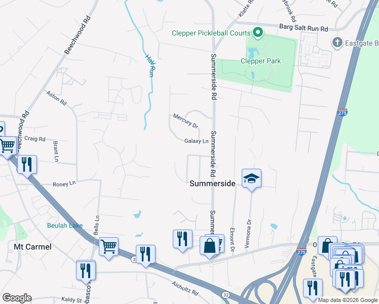 map of restaurants, bars, coffee shops, grocery stores, and more near 4669 Galaxy Lane in Cincinnati