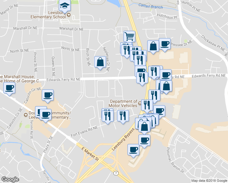 map of restaurants, bars, coffee shops, grocery stores, and more near 109 Adams Drive Northeast in Leesburg