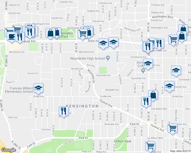map of restaurants, bars, coffee shops, grocery stores, and more near 2405 Tauromee Avenue in Kansas City