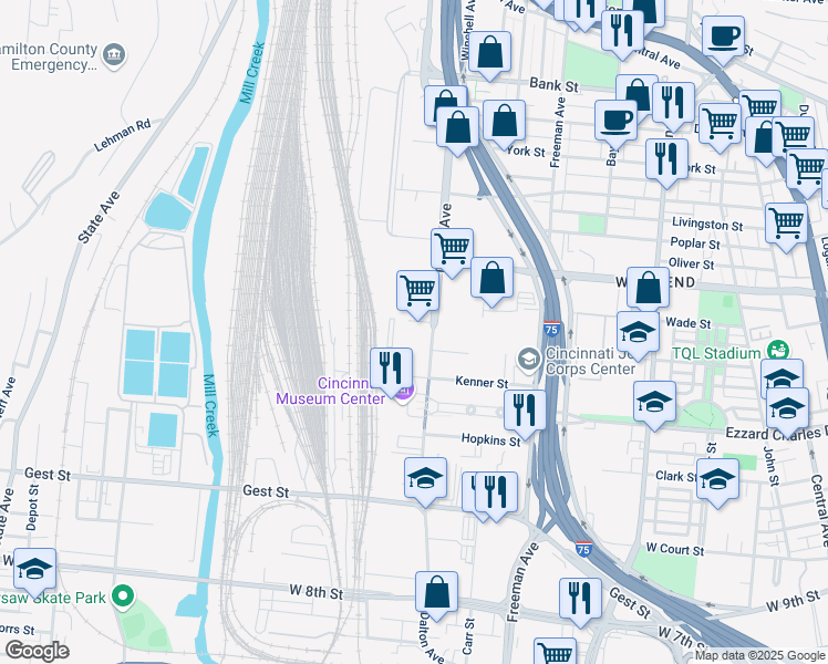 map of restaurants, bars, coffee shops, grocery stores, and more near 1455 Dalton Avenue in Cincinnati