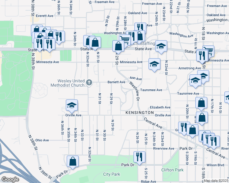 map of restaurants, bars, coffee shops, grocery stores, and more near 631 North 29 Street in Kansas City