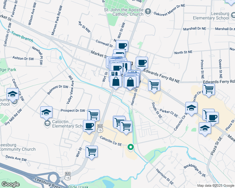 map of restaurants, bars, coffee shops, grocery stores, and more near 3 Stationmaster Street Southeast in Leesburg