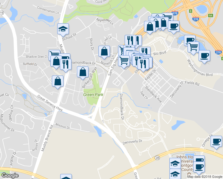 map of restaurants, bars, coffee shops, grocery stores, and more near 10133 Reprise Drive in Rockville