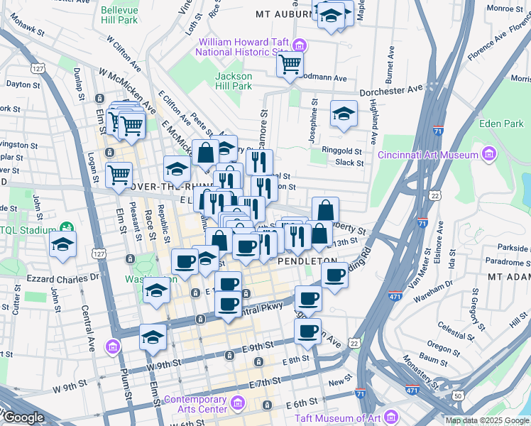 map of restaurants, bars, coffee shops, grocery stores, and more near in Cincinnati