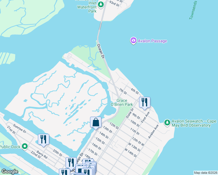 map of restaurants, bars, coffee shops, grocery stores, and more near 404 7th Street in Avalon