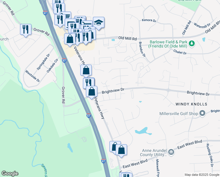 map of restaurants, bars, coffee shops, grocery stores, and more near 605 Gearing Court East in Millersville