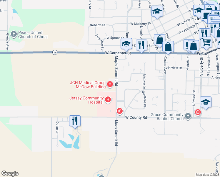 map of restaurants, bars, coffee shops, grocery stores, and more near 270 Maple Summit Road in Jerseyville