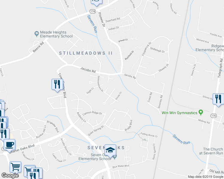map of restaurants, bars, coffee shops, grocery stores, and more near 1808 Jaybird Court in Severn