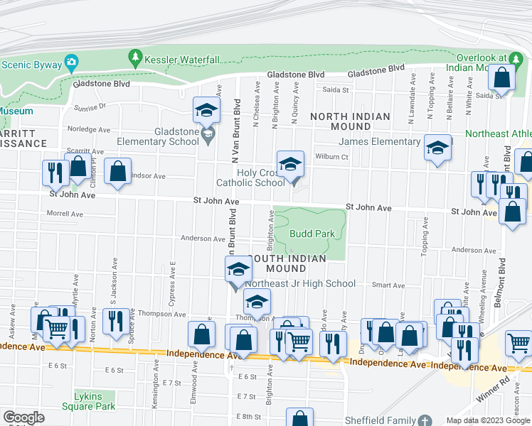 map of restaurants, bars, coffee shops, grocery stores, and more near 4909 Saint John Avenue in Kansas City