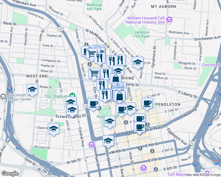map of restaurants, bars, coffee shops, grocery stores, and more near 1509 Race Street in Cincinnati