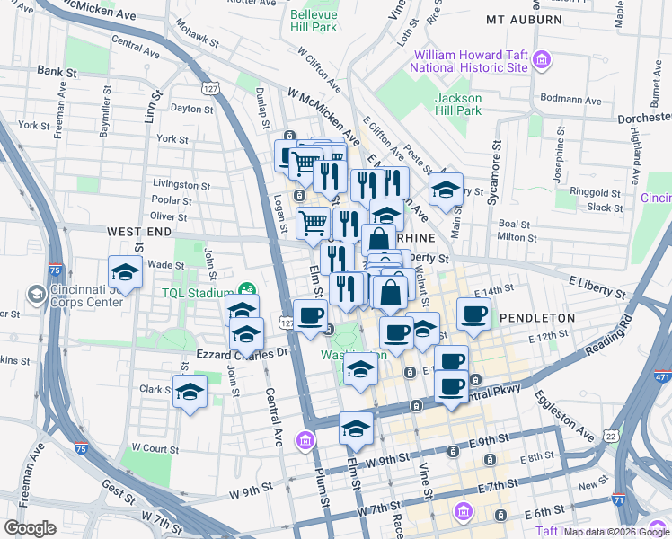 map of restaurants, bars, coffee shops, grocery stores, and more near 1509 Race Street in Cincinnati